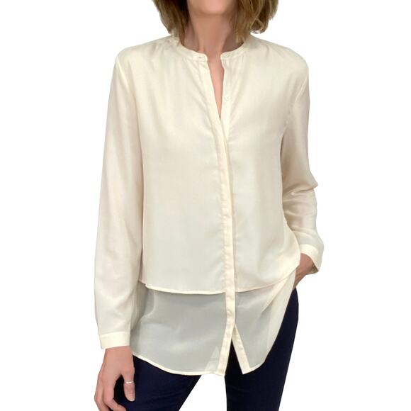 DKNYC Layered Button Down Tunic Sz S Buttercream Blouse Band Collar Long Sleeve - Picture 1 of 8